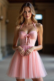 Blush Corset A Line Halter Graduation Dress