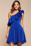 One Shoulder Royal Blue Satin A Line Graduation Dress