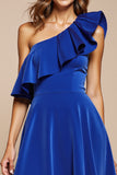 One Shoulder Royal Blue Satin A Line Graduation Dress