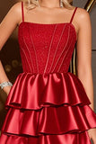 Dark Red Satin Spaghetti Straps Corset Graduation Dress