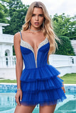 Royal Blue Tiered Tulle Spaghetti Straps Graduation Dress