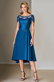Peacock Blue A Line Tea Length Mother of the Bride Dress With Lace