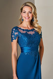 Peacock Blue A Line Tea Length Mother of the Bride Dress With Lace