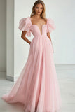 Pink A Line Sweetheart Ruffled Long Prom Dress with Sleeves