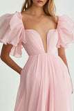 Pink A Line Sweetheart Ruffled Long Prom Dress with Sleeves