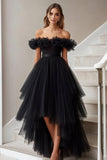 Black A Line Off the Shoulder Tulle Prom Dress with Ruffles