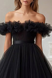 Black A Line Off the Shoulder Tulle Prom Dress with Ruffles