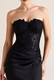 Black Mermaid Ruched Strapless Satin Long Formal Dress with Lace