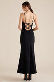 Black Mermaid Satin Ruched Long Formal Dress with Lace