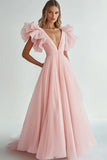 Pink A Line V-Neck Long Prom Dress with Ruffles