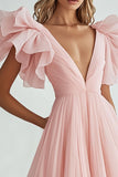 Pink A Line V-Neck Long Prom Dress with Ruffles