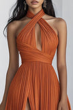 Orange A Line Pleated Long Formal Dress with Slit