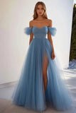Grey Blue A Line Tulle Long Prom Dress with Slit