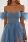 Grey Blue A Line Tulle Long Prom Dress with Slit