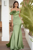 One Shoulder Sage Green Long Formal Dress With 3D Flower