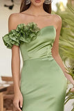 One Shoulder Sage Green Long Formal Dress With 3D Flower