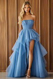 Blue A Line Ruffled Asymmetrical Prom Dress