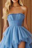 Blue A Line Ruffled Asymmetrical Prom Dress