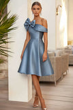 Dusty Blue A Line Midi Formal Dress With Bow