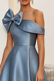 Dusty Blue A Line Midi Formal Dress With Bow