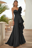 Black One Shoulder Long Formal Dress With Ruffles