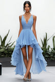 Sky Blue A Line Ruffled V Neck Formal Dress