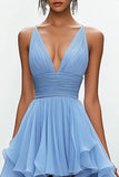 Sky Blue A Line Ruffled V Neck Formal Dress