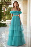 Off The Shoulder Lake Blue Tiered Prom Dress