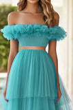 Off The Shoulder Lake Blue Tiered Prom Dress