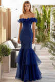 Mermaid Off The Shoulder Navy Formal Dress