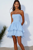 Sky Blue A Line Strapless Chiffon Short Cocaktail Dress with Ruffles