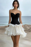 Black and white A Line Spaghetti Straps Ruffled Short Graduation Dress