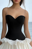 Black and white A Line Spaghetti Straps Ruffled Short Graduation Dress