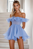 Blue A Line Ruffled Chiffon Mini Cocktail Dress