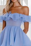 Blue A Line Ruffled Chiffon Mini Cocktail Dress