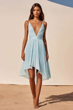 Sky Blue Deep V-Neck Pleated High-Low Cocktail Dress
