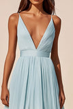 Sky Blue Deep V-Neck Pleated High-Low Cocktail Dress