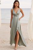 Dusty Sage A Line V-Neck  Ruched Satin Wedding Guest Dress with Slit