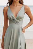 Dusty Sage A Line V-Neck  Ruched Satin Wedding Guest Dress with Slit