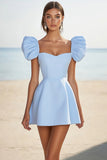 Sky Blue A Line Mini Square Neck Cocktail Dress with Sleeves