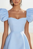 Sky Blue A Line Mini Square Neck Cocktail Dress with Sleeves