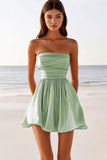 Sage Green A Line Ruched Satin Strapless Mini Graduation Dress
