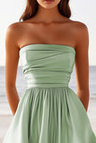 Sage Green A Line Ruched Satin Strapless Mini Graduation Dress