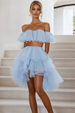 Sky Blue A Line Two Piece Off the Shoulder Tulle High Low Cocktail Dress with Ruffles