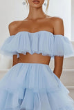 Sky Blue A Line Two Piece Off the Shoulder Tulle High Low Cocktail Dress with Ruffles