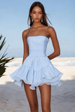 Sky Blue A Line Strapless Chiffon Mini Graduation Dress with Ruffles