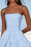 Sky Blue A Line Strapless Chiffon Mini Graduation Dress with Ruffles