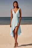 Sky Blue A Line V-Neck Ruched Midi Graduation Dress