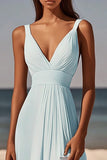 Sky Blue A Line V-Neck Ruched Midi Graduation Dress
