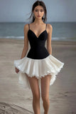 Black and White A Line Chiffon Mini Graduation Dress with Ruffles